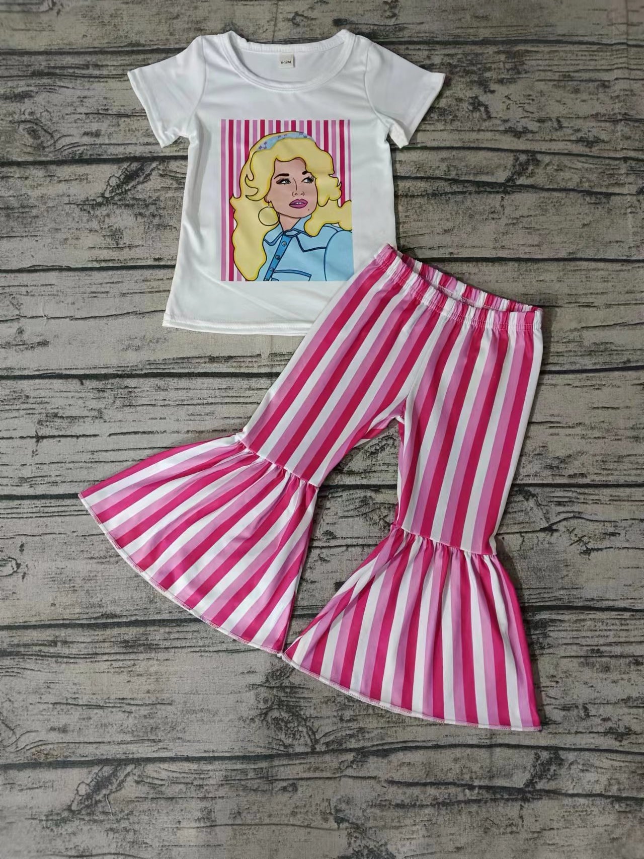 (Custom Design Preorder MOQ 5) Pink Singer Print Top Stripes Bell Pants Girls Clothes Set