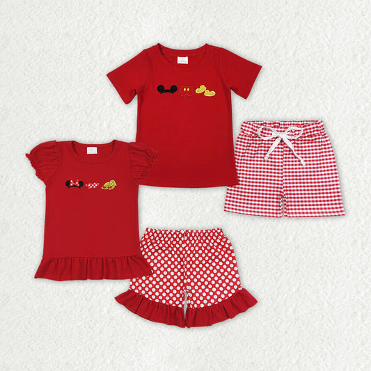 Red Cartoon Mouse Embroidery Sibling Summer Matching Clothes Set