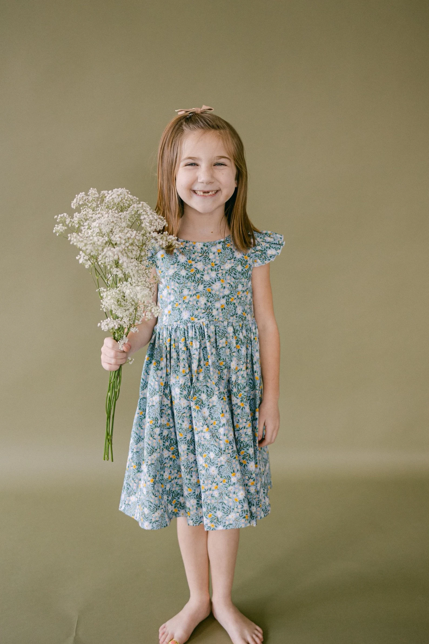 (Custom Design Preorder MOQ 5) Daisy Print Girls Summer Knee Length Dress