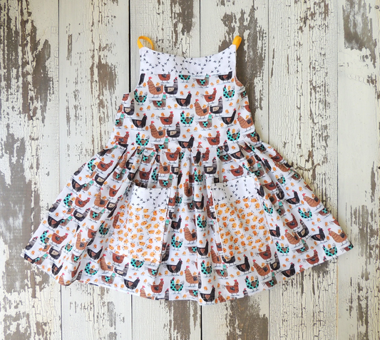 (Custom Design Preorder MOQ 5) Chicken Print Pockets Girls Summer Knee Length Dress