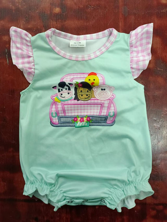 (Custom Design Preorder MOQ 5) Farm Animals Print Baby Girls Summer Romper