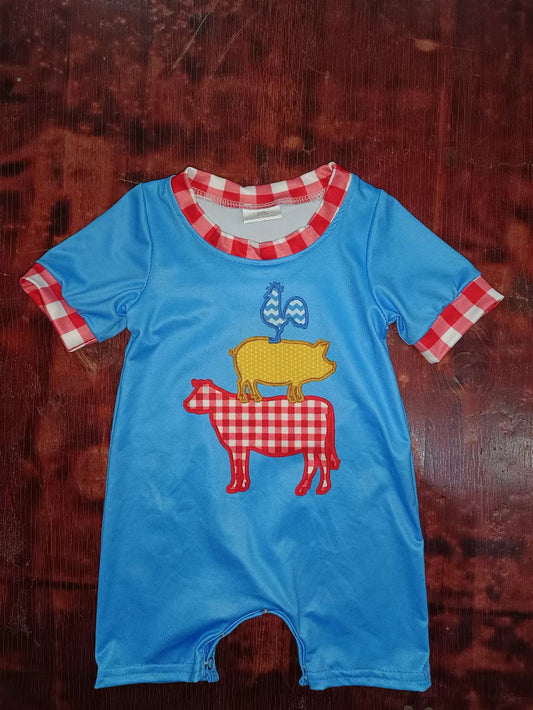 (Custom Design Preorder MOQ 5) Farm Animals Blue Print Baby Boys Summer Romper