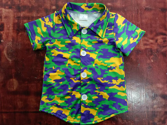 (Custom Design Preorder MOQ 5) Green Purple Yellow Camo Print Boys Mardi Gras Tee Shirts Top