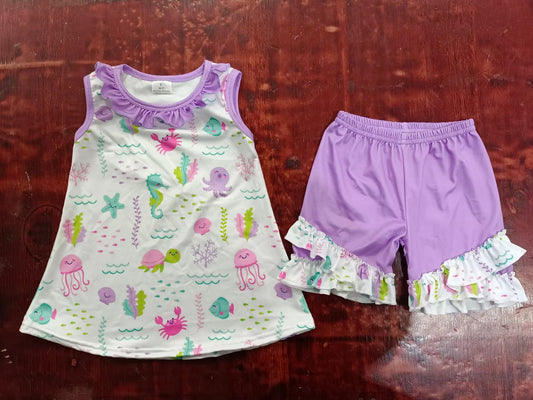 (Custom Design Preorder MOQ 5) Marine Organism Print Girls Summer Clothes Set