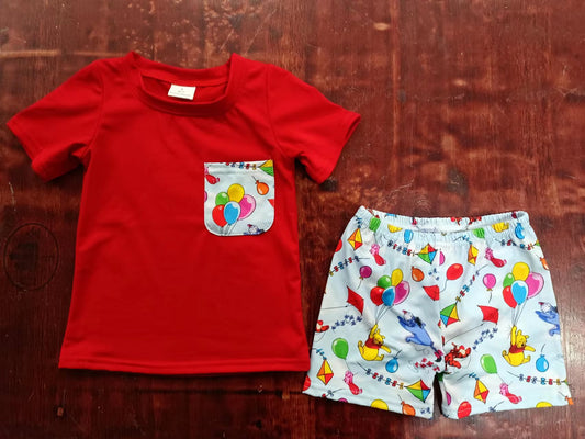 (Custom Design Preorder MOQ 5) Red Pocket Top Balloon Cartoon Animals Print Boys Summer Clothes Set