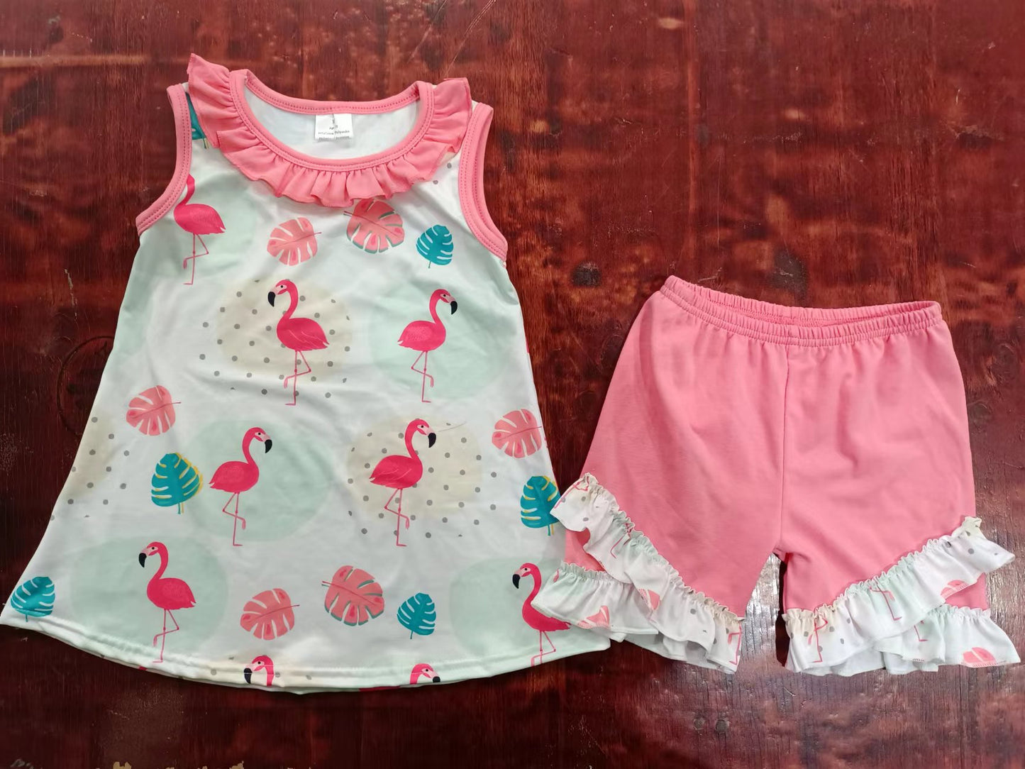 (Custom Design Preorder MOQ 5) Flamingo Print Girls Summer Clothes Set