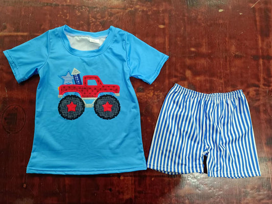 (Custom Design Preorder MOQ 5) Monster Car Print Boys 4th of July Clothes Set