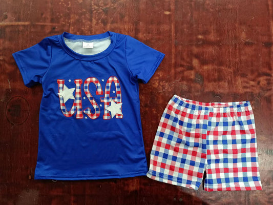 (Custom Design Preorder MOQ 5) USA Star Print Boys 4th of July Clothes Set
