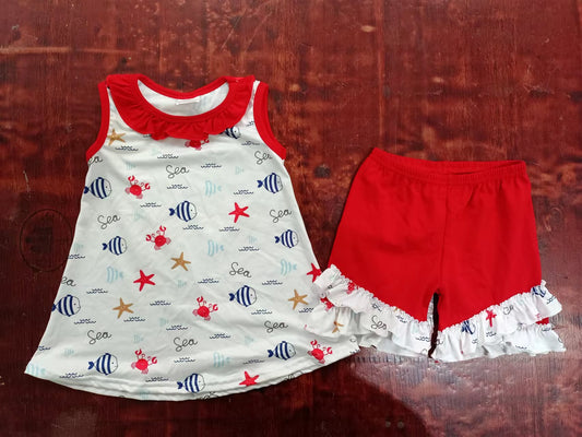 (Custom Design Preorder MOQ 5) Fish Print Girls Summer Clothes Set