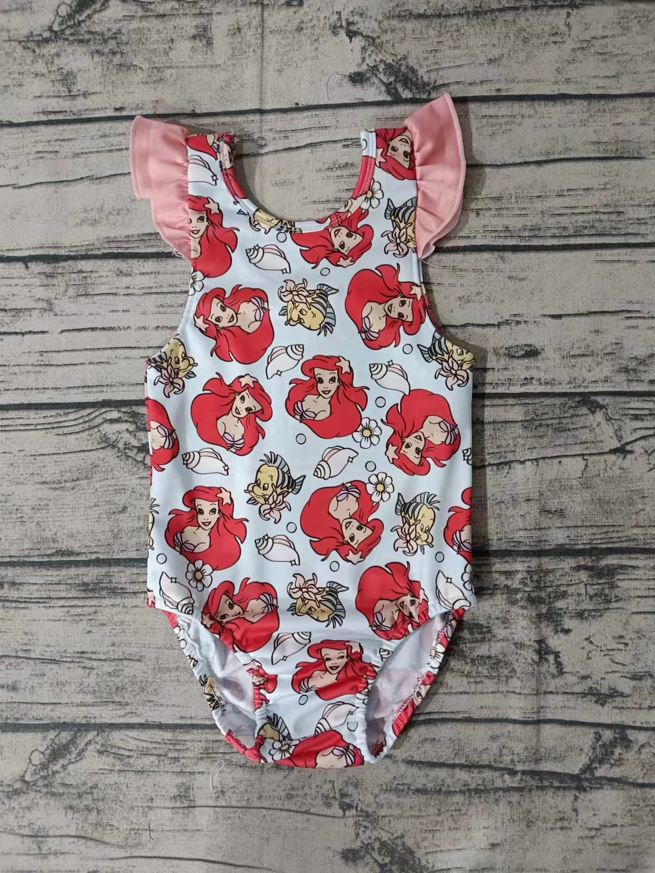 (Custom Design Preorder MOQ 5) Cartoon Mermaid Print Baby Girls Summer Romper