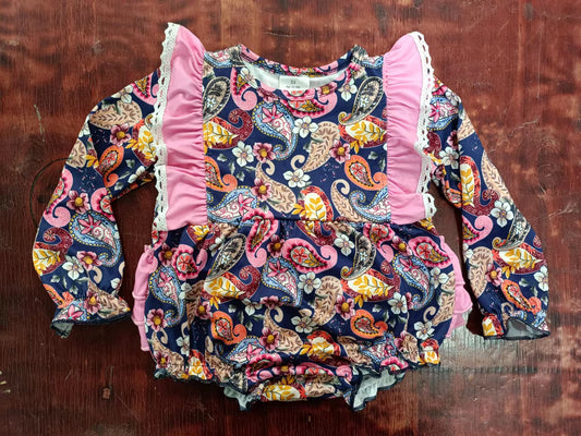 (Custom Design Preorder MOQ 5) Paisley Flowers Print Baby Girls Romper