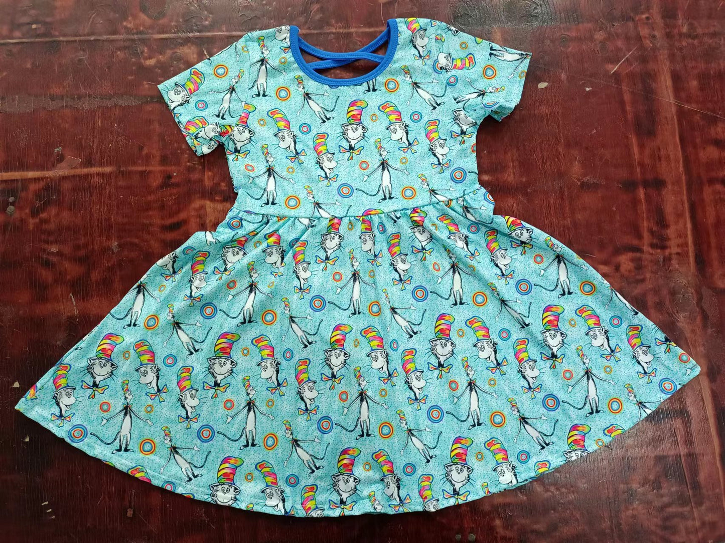 (Custom Design Preorder MOQ 5) Blue Cat Dr.Reading Print Girls Summer Knee Length Dress
