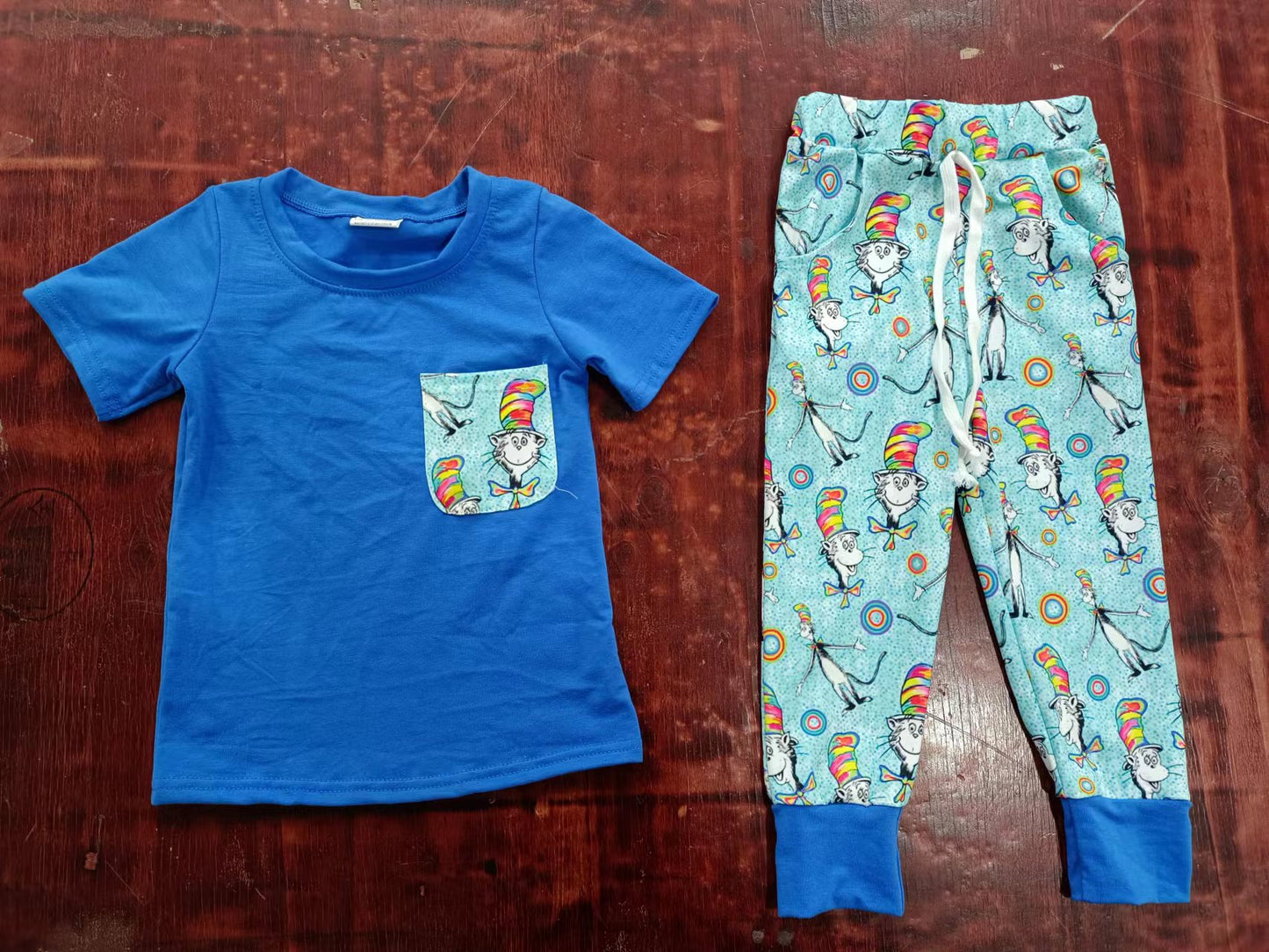 (Custom Design Preorder MOQ 5) Blue Pocket Top Cat Dr.Reading Pants Boys Clothes Set