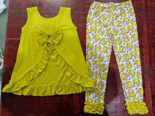 (Custom Design Preorder MOQ 5) Yellow Backless Bows Top Softball Legging Pants Girls Clothes Set