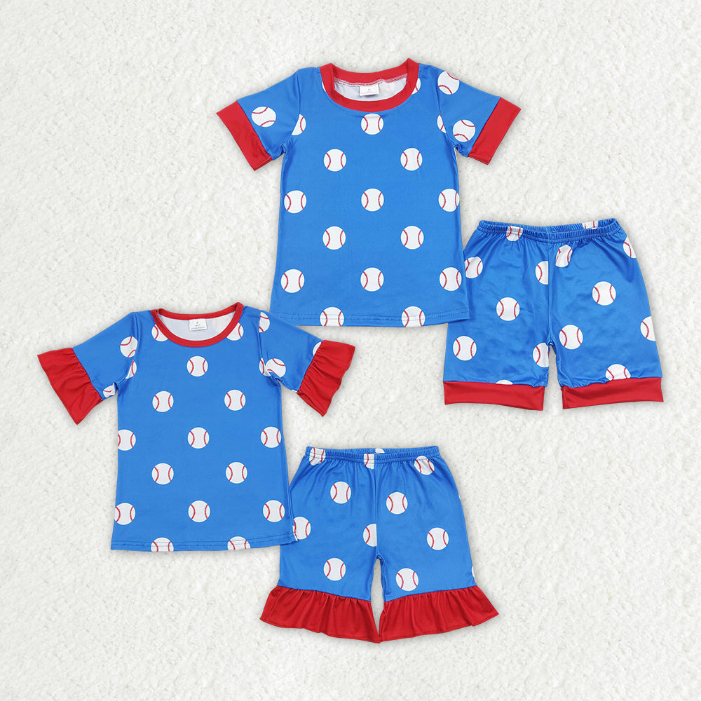 Blue Baseball Print Sibling Summer Pajamas Matching Pajamas Clothes