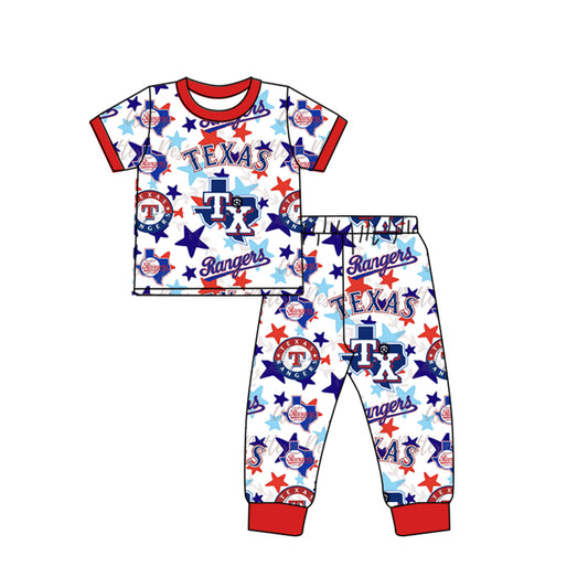 (Custom Design Preorder MOQ 5) Western Stars TEXAS Print Short Sleeve Kids Pajamas Clothes Set