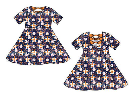 (Custom Design Preorder MOQ 5) Stars Baseball Print Knee Length Summer Dress