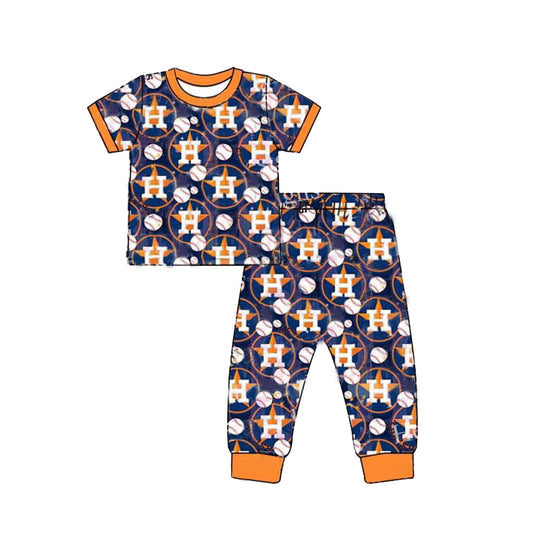 (Custom Design Preorder MOQ 5) Stars Baseball Print Short Sleeve Kids Pajamas Clothes Set