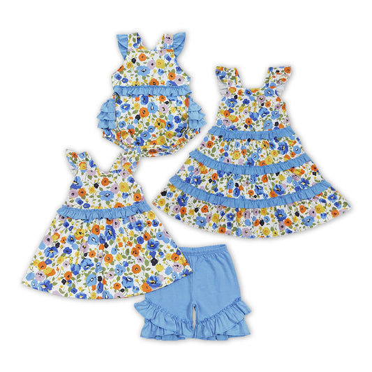 Blue Flowers Ruffles Sisters Summer Matching Clothes