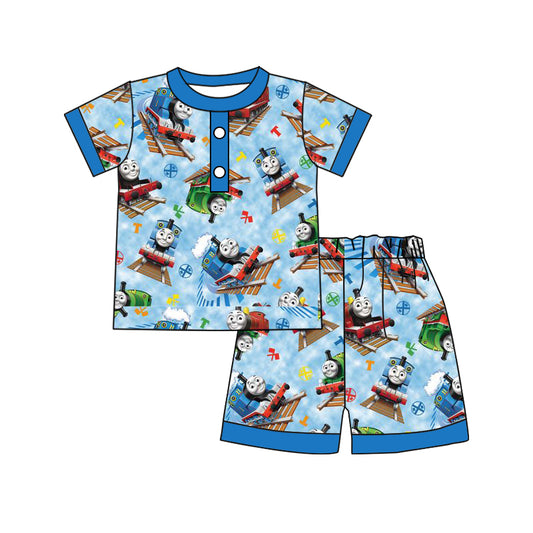 (Custom Design Preorder MOQ 5) Cartoon Train Print Boys Summer Pajamas Clothes Set