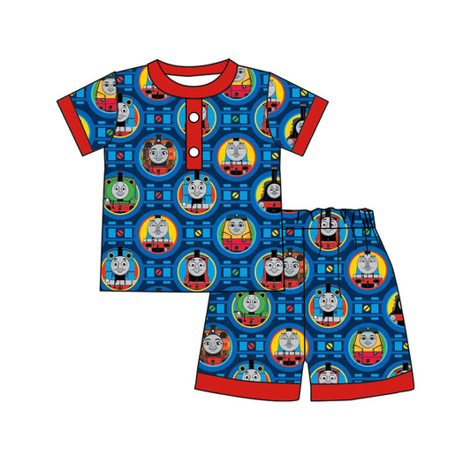 (Custom Design Preorder MOQ 5) Cartoon Train Blue Print Boys Summer Pajamas Clothes Set