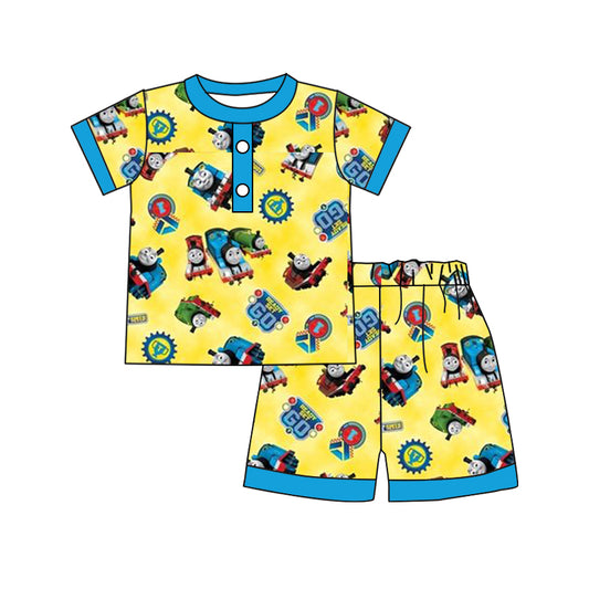 (Custom Design Preorder MOQ 5) Cartoon Train Yellow Print Boys Summer Pajamas Clothes Set