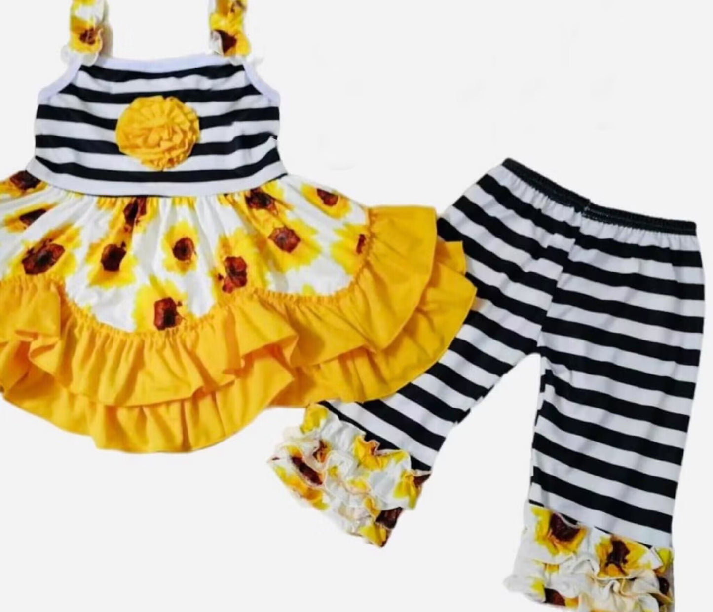 (Custom Design Preorder MOQ 5) Sunflowers Print Girls Clothes Set