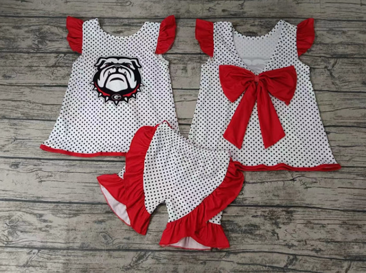 (Custom Design Preorder MOQ 5) Red Dots Dog Football Team's Print Girls Summer Sets