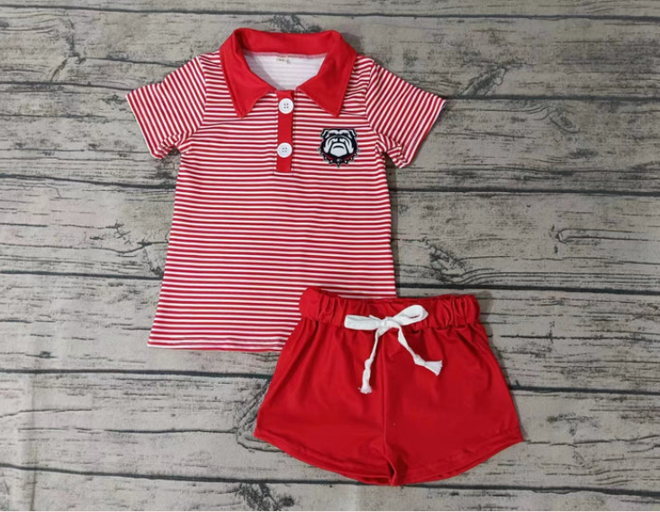 (Custom Design Preorder MOQ 5) Red Stripes Dog Football Team's Top Red Shorts Boys Summer Sets