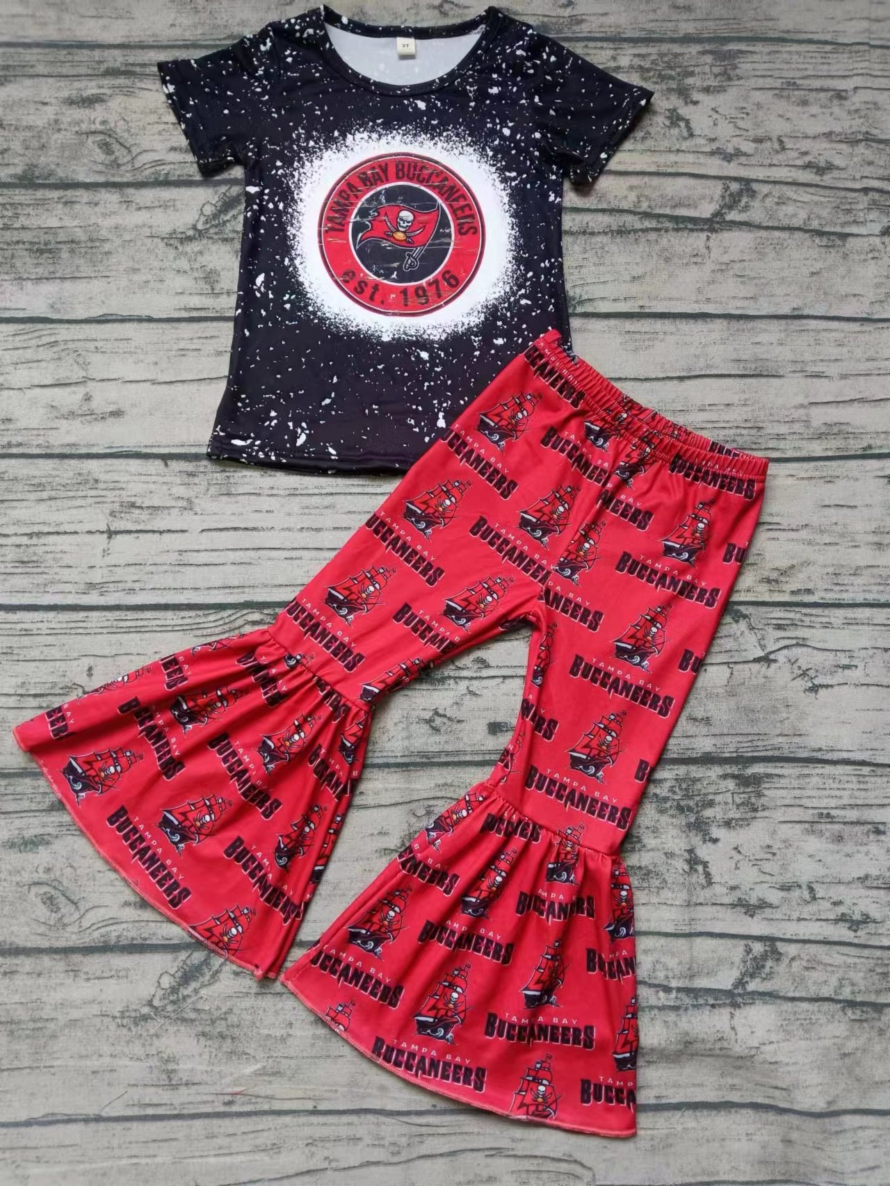 (Custom Design Preorder MOQ 5) Football Team's Red Print Girls Bell Pants Clothes Set