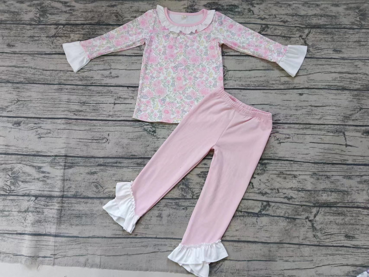 (Custom Design Preorder MOQ 5) Pink Flowers Print Girls Pajamas Clothes Set