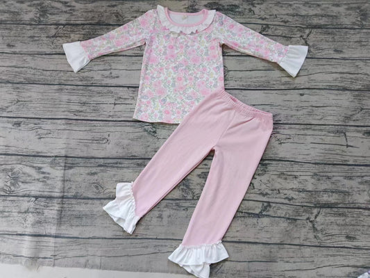 (Custom Design Preorder MOQ 5) Pink Flowers Print Girls Pajamas Clothes Set