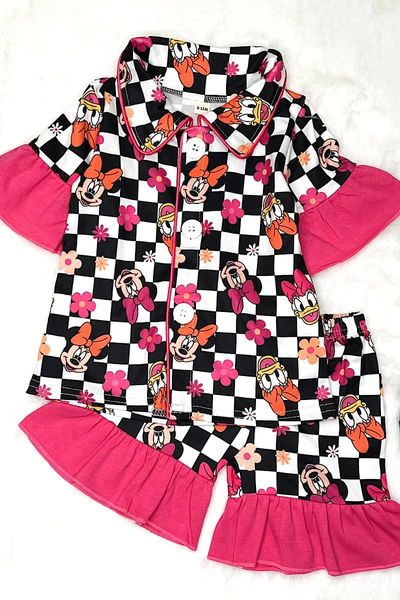 (Custom Design Preorder MOQ 5) Pink Flowers Cartoon Animals Print Girls Summer Pajamas Clothes Set