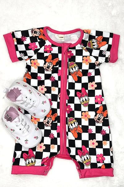 (Custom Design Preorder MOQ 5) Pink Flowers Cartoon Animals Print Baby Girls Summer Zipper Romper