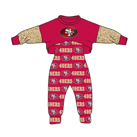 (Custom Design Preorder MOQ 5) Red SF Football Team’s Print Girls Jumpsuit Clothes Set