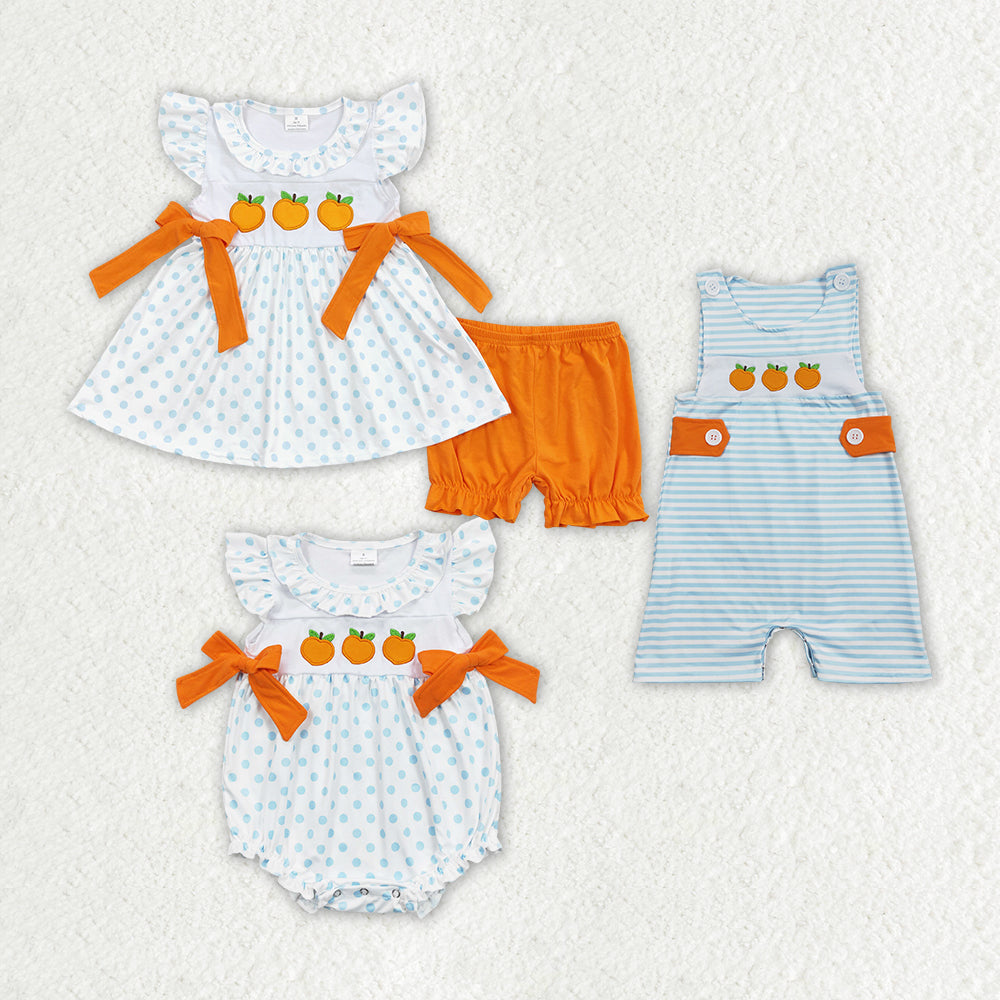 Peach Embroidery Blue Color  Sibling Summer Matching Clothes