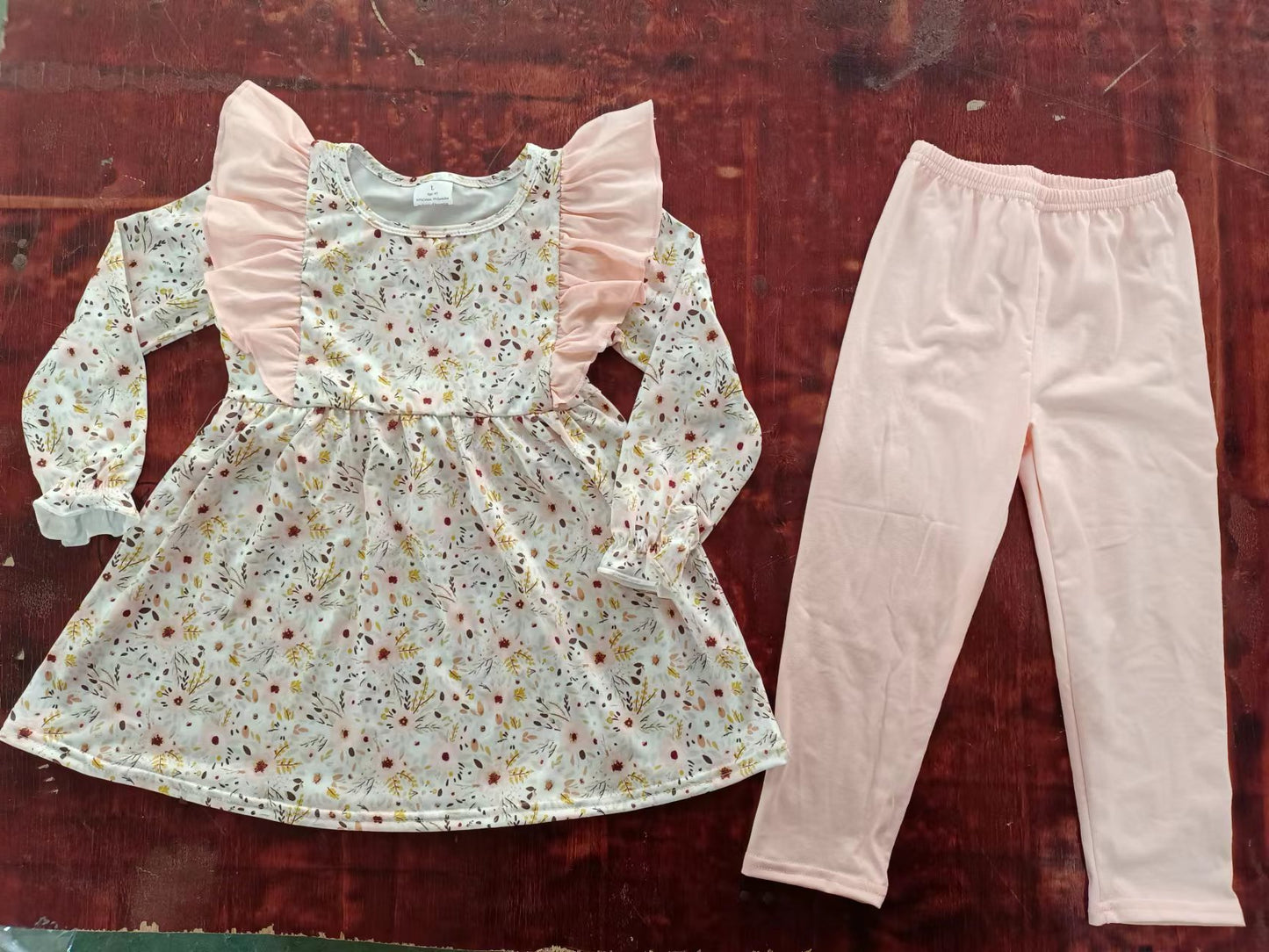 (Custom Design Preorder MOQ 5) Pink Flowers Print Tunic Top Legging Pants Girls Clothes Set