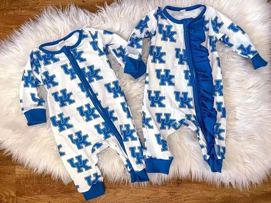 (Custom Design Preorder MOQ 5) Blue White UK Football Team's Print Baby Boys Zipper Romper