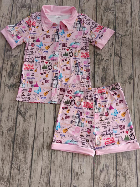 (Custom Design Preorder MOQ 5) Pink Singer Print Adult Pajamas Woman Clothes Set
