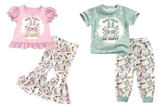 (Custom Design Preorder MOQ 5) Pink Be Hoppy Bunny Print Girls Easter Clothes Set