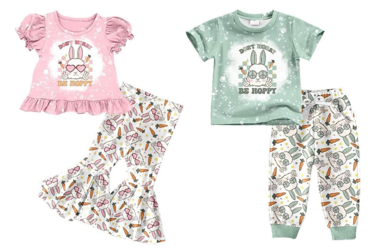 (Custom Design Preorder MOQ 5) Green Be Hoppy Bunny Print Boys Easter Clothes Set