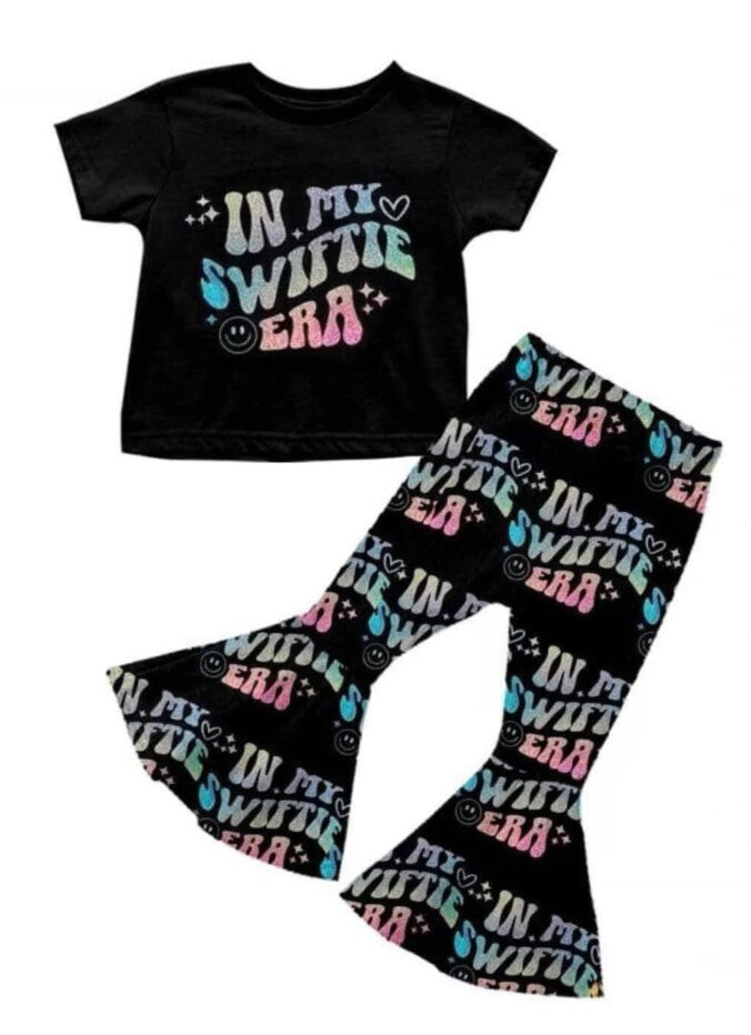 (Custom Design Preorder MOQ 5) Black Singer Print Girls Clothes Set