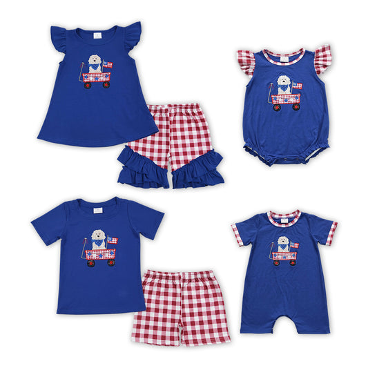 Dog Truck Flag Embroidery Sibling 4th of July Matching Clothes