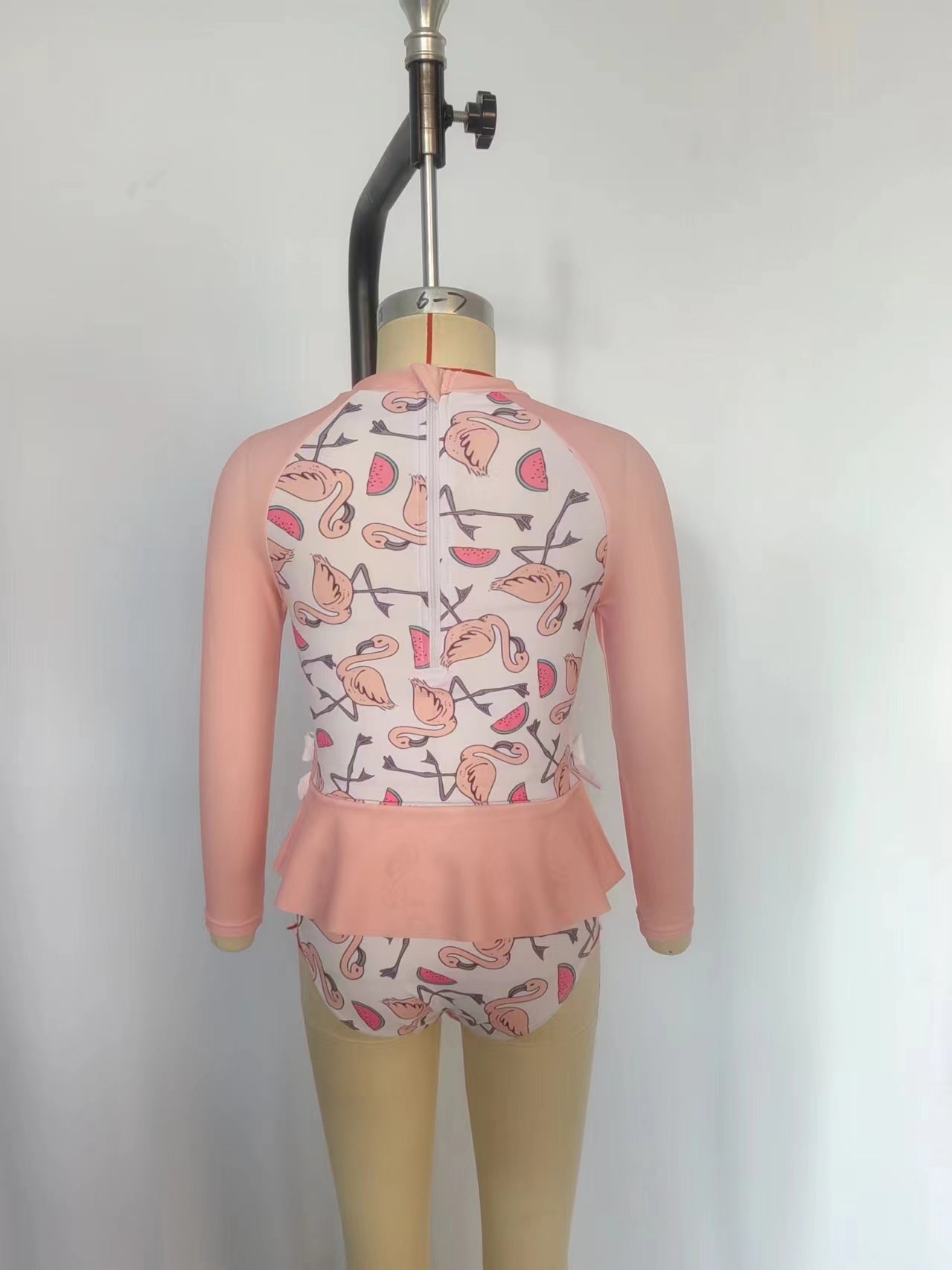 S0245 Flamingo Print Girls 1 Piece Long Sleeve Zipper Swimsuits