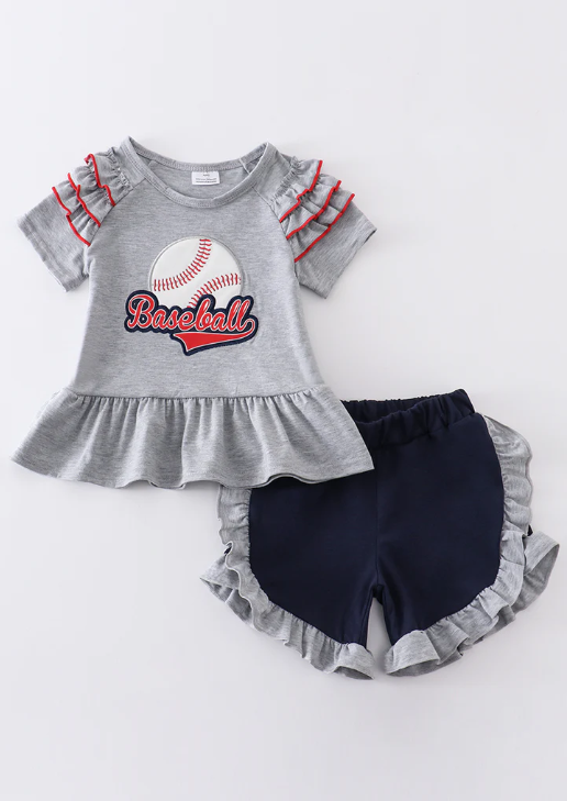 (Custom Design Preorder MOQ 5) Grey Baseball Ruffles Top Black Shorts Girls Summer Clothes Set