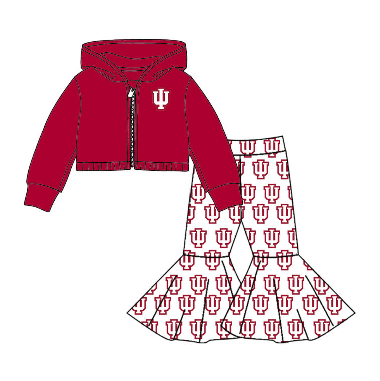 (Custom Design Preorder MOQ 5) Red Football Team's Jacket Zipper Hoodie Top Bell Pants Girls Clothes Set