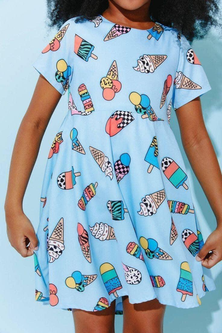 (Custom Design Preorder MOQ 5) Blue Popsicle Print Girls Summer Knee Length Dress