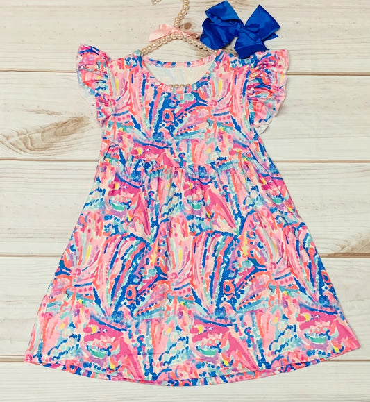 (Custom Design Preorder MOQ 5) Pink Flowers Print Girls Summer Knee Length Dress