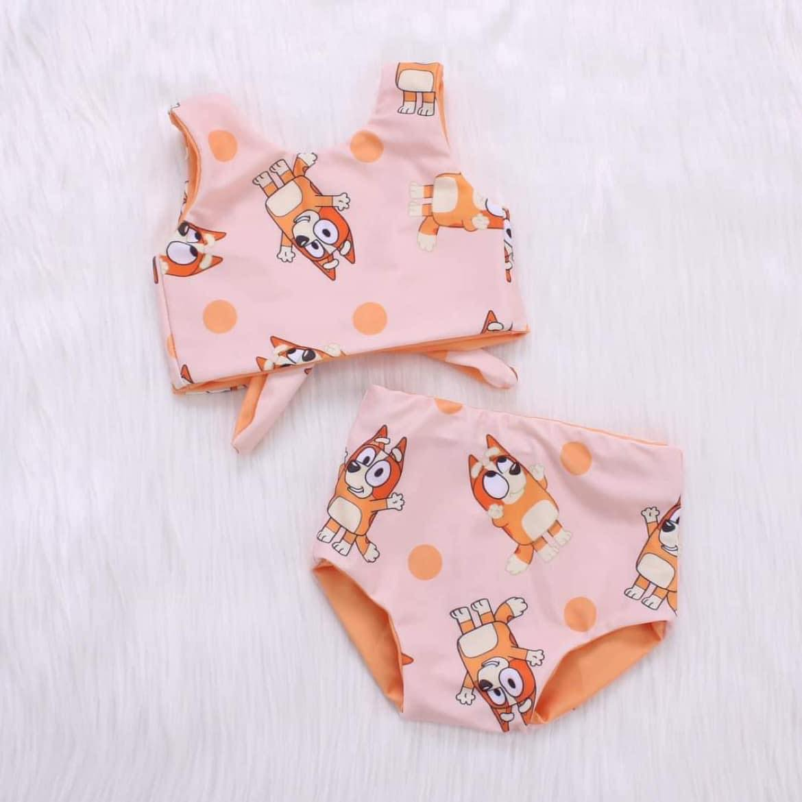 (Custom Design Preorder MOQ 5) Cartoon Dog Print Baby Girls Summer Bummie Set