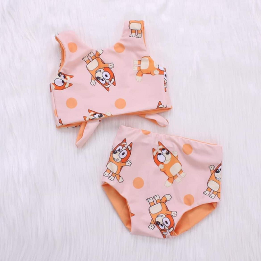 (Custom Design Preorder MOQ 5) Cartoon Dog Print Baby Girls Summer Bummie Set